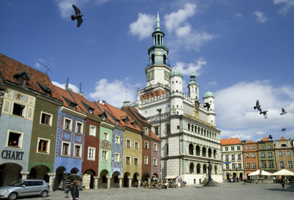 A vibrant city square with colorful buildings and a historical clock tower. The square is lively, with pigeons flying and people walking, highlighting the cultural and architectural richness of the area.