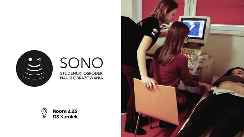 An advertisement for "SONO," a student imaging research group. The image shows students learning medical imaging techniques with an ultrasound machine.