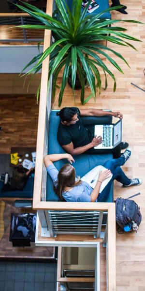 An overhead view of two students sitting in a lounge area. A tall green plant is centered between them. One student is working on a laptop, while the other is reclining with an arm stretched across the couch. The space is open and bright with wooden floors.