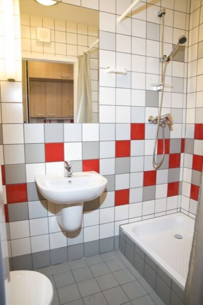 A bathroom featuring red and white tiled walls and a modern sink, creating a vibrant and stylish atmosphere.