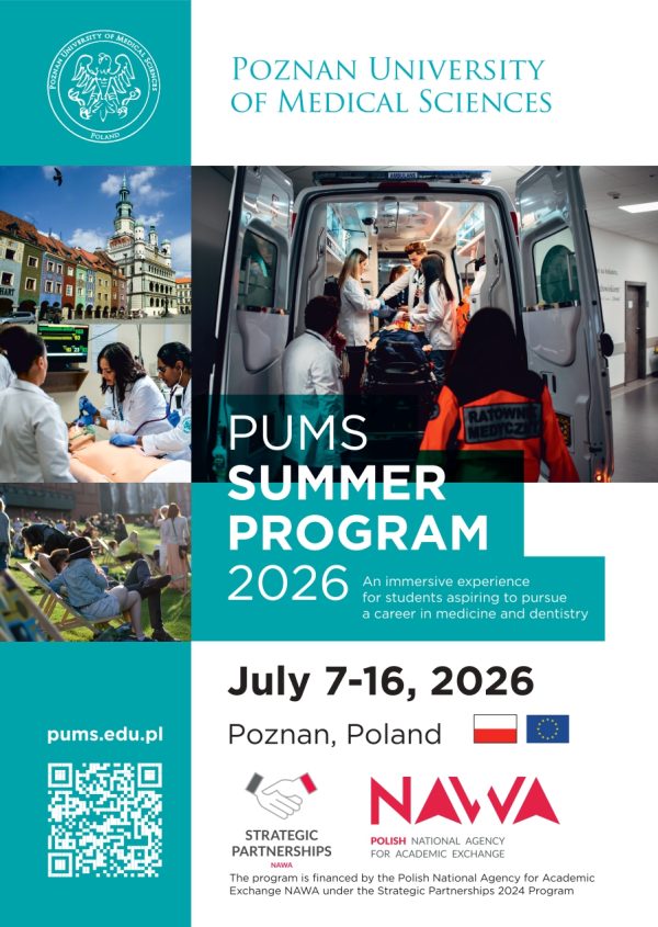 Leaflet of the SUmmer Program 2026 in white, teal, black, and red, with photos of practical classes, and logo of NAWA Agency.