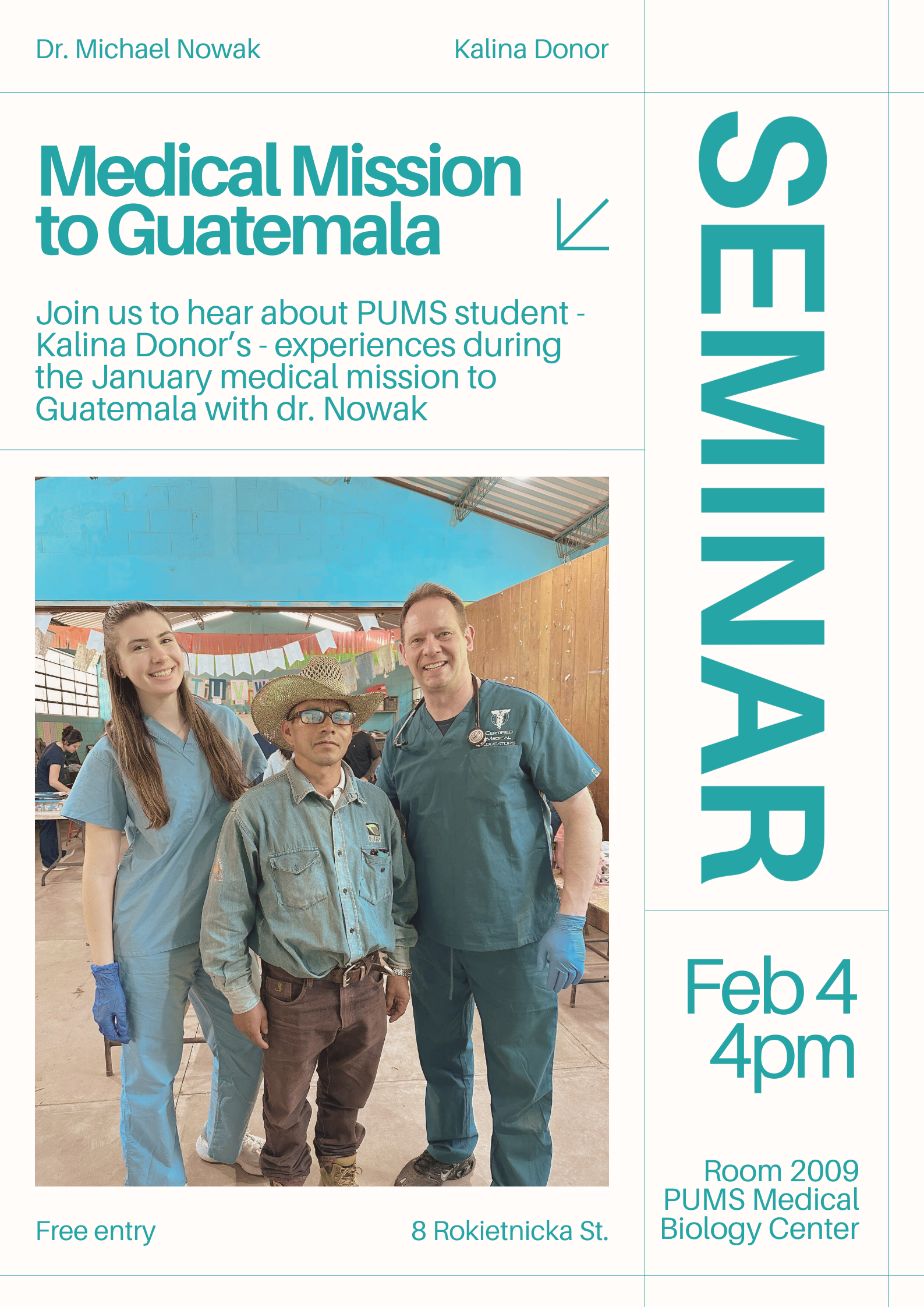 Poster advertising event in white and blue with a color photo showing a young student, a medical doctor, and a representative of local authorities