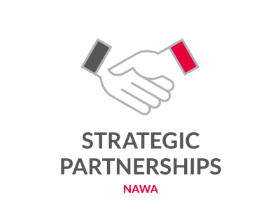 Logo of Strategic Partnerships program by NAWA showing a handshake on neutral background